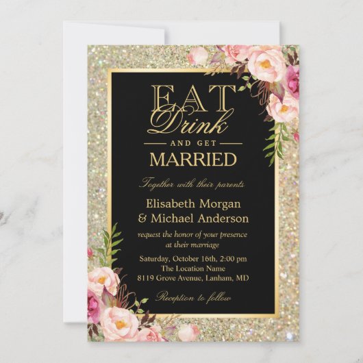 EAT-Drink en gehuwde glitter Floral Wedding Kaart (Voorkant)
