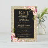 EAT-Drink en gehuwde glitter Floral Wedding Kaart (Staand voorkant)