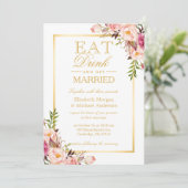EAT-Drink en getrouwd Chic Gold Floral Wedding Kaart (Staand voorkant)
