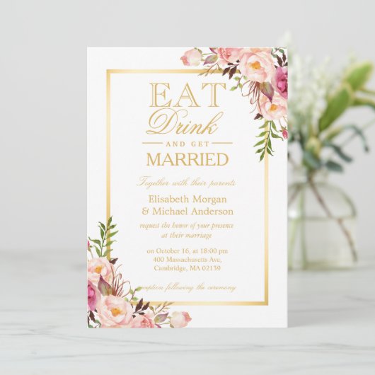 EAT-Drink en getrouwd Chic Gold Floral Wedding Kaart (Staand voorkant)