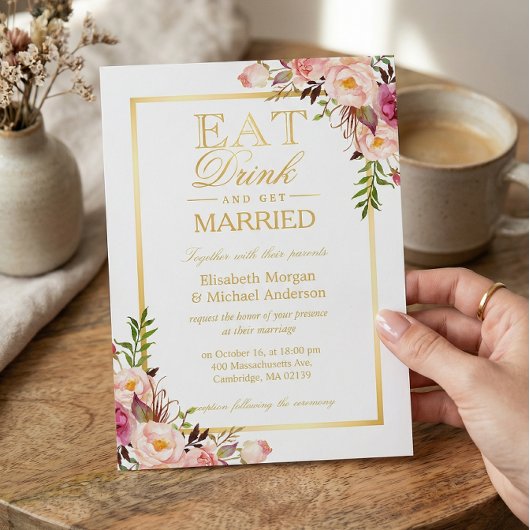 EAT-Drink en getrouwd Chic Gold Floral Wedding Kaart