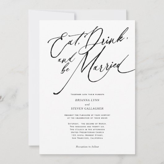 Eat drink en getrouwd Modern script bruiloft Kaart (Voorkant)