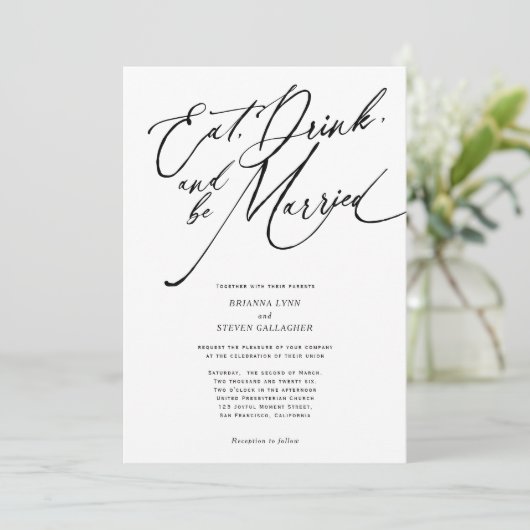 Eat drink en getrouwd Modern script bruiloft Kaart (Staand voorkant)