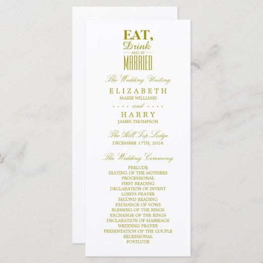 Eat, Drink en huwelijksgoudweddenschap Programmakaart (Voorkant / Achterkant)