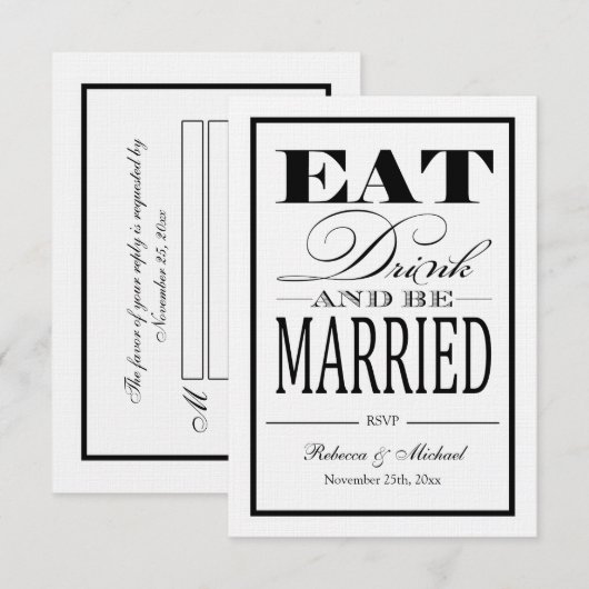 Eat Drink en huwelijksreis - Linen Paper RSVP (Voorkant / Achterkant)