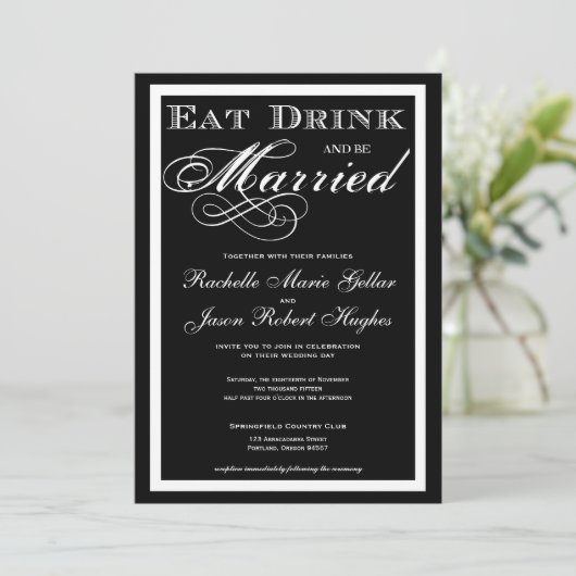 Eat Drink en huwelijksuitnodiging Kaart (Staand voorkant)