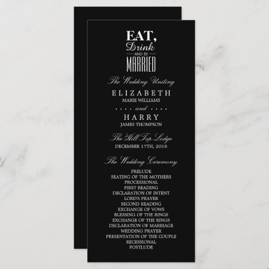 Eat, Drink en huwelijksweddenschap Programmakaart (Voorkant / Achterkant)