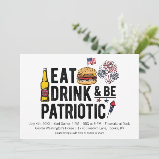 Eat, Drink en patriottisch op 4 juli Uitnodiging (Staand voorkant)