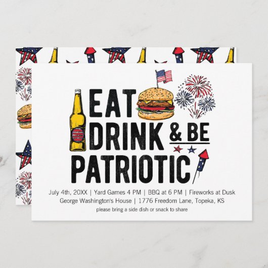 Eat, Drink en patriottisch op 4 juli Uitnodiging (Voorkant / Achterkant)