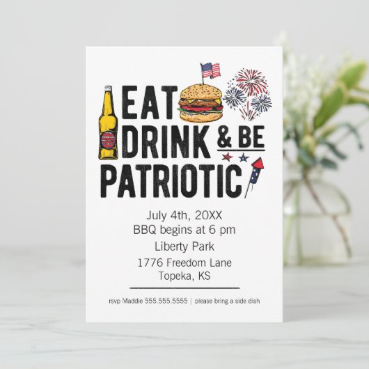 Eat, Drink en patriottisch op 4 juli Uitnodiging (Staand voorkant)