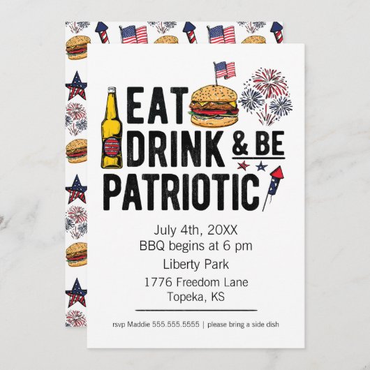 Eat, Drink en patriottisch op 4 juli Uitnodiging (Voorkant / Achterkant)