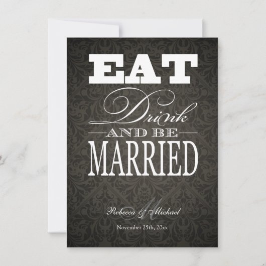 Eat Drink en trouwen - Elegant Black Damask Kaart (Voorkant)