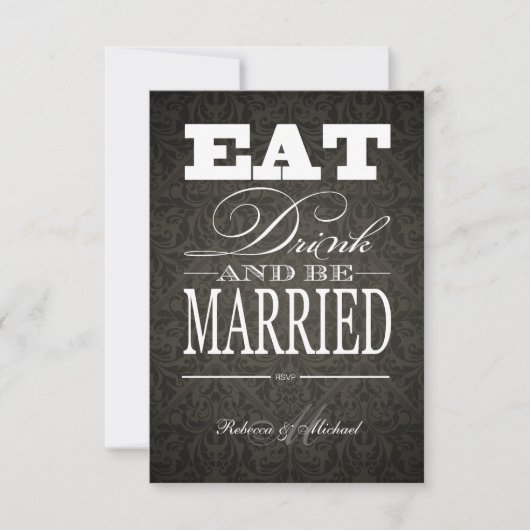 Eat Drink en trouwen - Elegant Black Damask RSVP Kaartje (Voorkant)