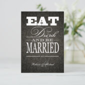Eat Drink en trouwen - Elegant Black Damask RSVP Kaartje (Staand voorkant)