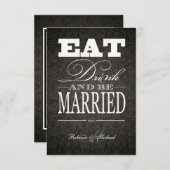 Eat Drink en trouwen - Elegant Black Damask RSVP Kaartje (Voorkant / Achterkant)