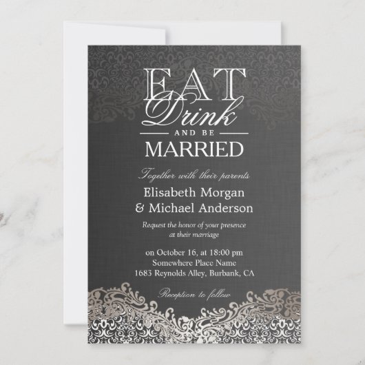 EAT-Drink en trouwen met Elegant Silver Damask Kaart (Voorkant)
