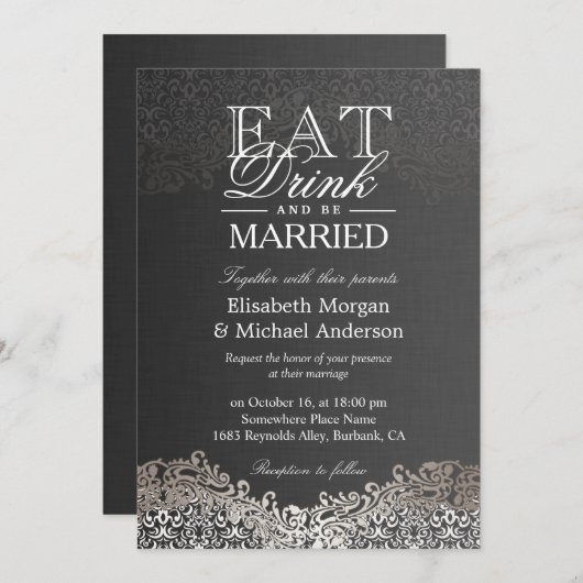 EAT-Drink en trouwen met Elegant Silver Damask Kaart (Voorkant / Achterkant)