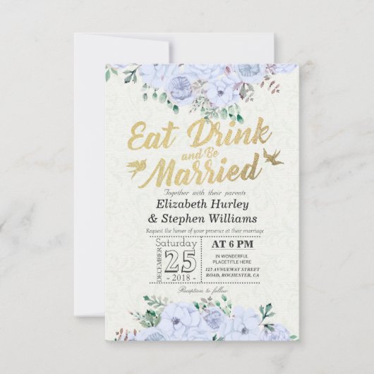 EAT-Drink en trouwen met Floral Gold Script Kaart (Voorkant)