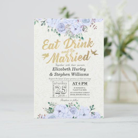 EAT-Drink en trouwen met Floral Gold Script Kaart (Staand voorkant)