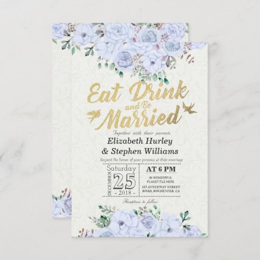 EAT-Drink en trouwen met Floral Gold Script Kaart (Voorkant / Achterkant)