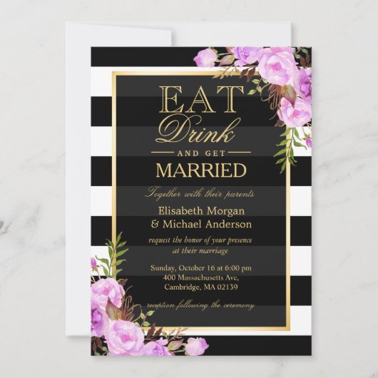 EAT-Drink en trouwen met Paarse Floral Wedding Kaart (Voorkant)