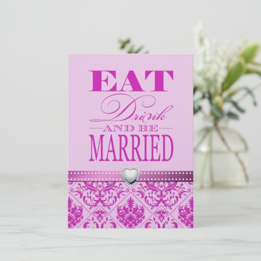 Eat Drink en trouwen - Paars / Roze Damask Kaart (Staand voorkant)
