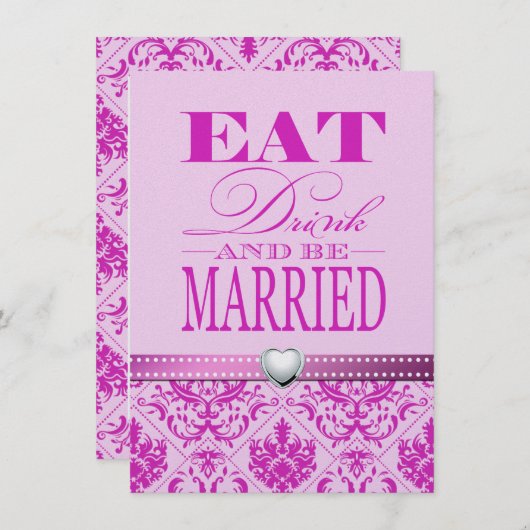 Eat Drink en trouwen - Paars / Roze Damask Kaart (Voorkant / Achterkant)