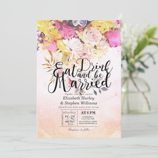 EAT-Drink en Waterverf-bloemen bruiloft Kaart (Staand voorkant)