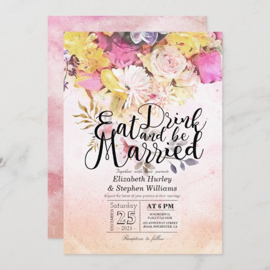 EAT-Drink en Waterverf-bloemen bruiloft Kaart (Voorkant / Achterkant)