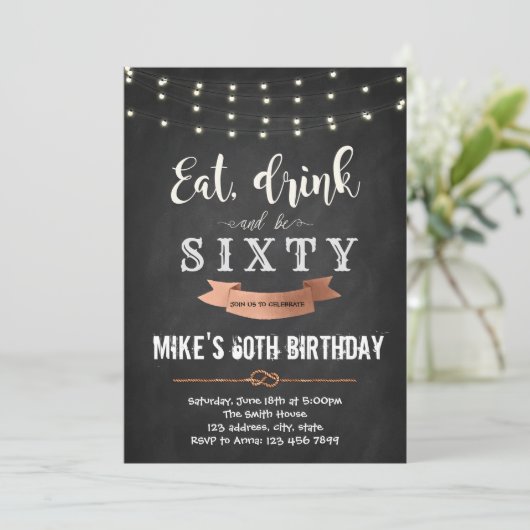 Eat drink en zijn 50e verjaardagsuitnodiging kaart (Staand voorkant)