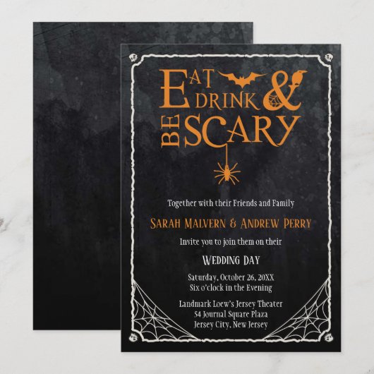 Eat, Drink en zijn eng Halloween Wedding Invite Kaart (Voorkant / Achterkant)