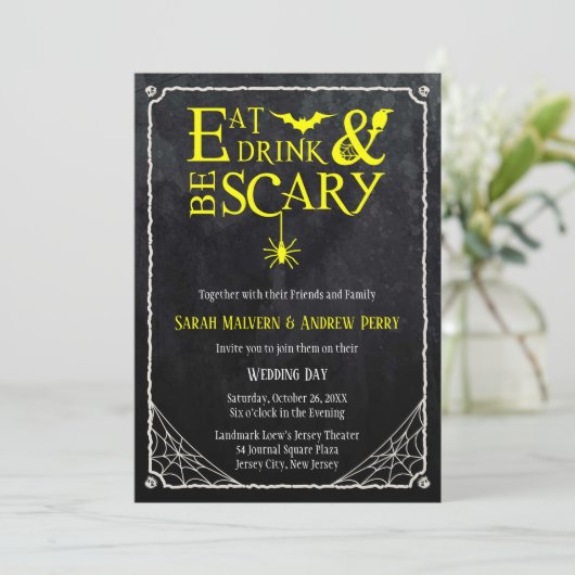 Eat, Drink en zijn eng Halloween Wedding Invite Kaart (Staand voorkant)