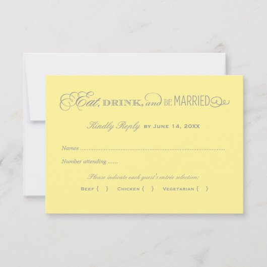 Eat Drink en zijn geel en grijs huwelijk RSVP Kaartje (Voorkant)