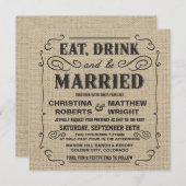 Eat Drink en zijn getrouwd Rustic Burlap Wedding Kaart (Voorkant / Achterkant)