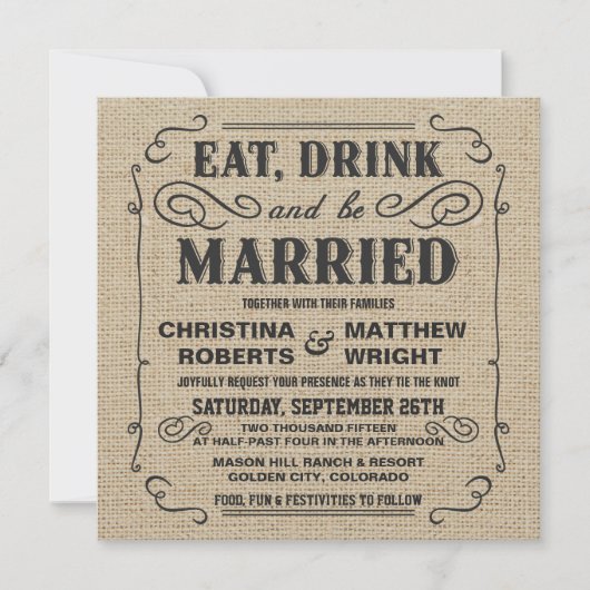 Eat Drink en zijn getrouwd Rustic Burlap Wedding Kaart (Voorkant)