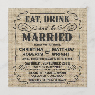 Eat Drink en zijn getrouwd Rustic Burlap Wedding Kaart