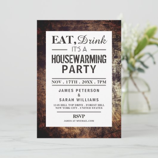 Eat, Drink Housewarming Party Dirt Brown Invite Kaart (Staand voorkant)