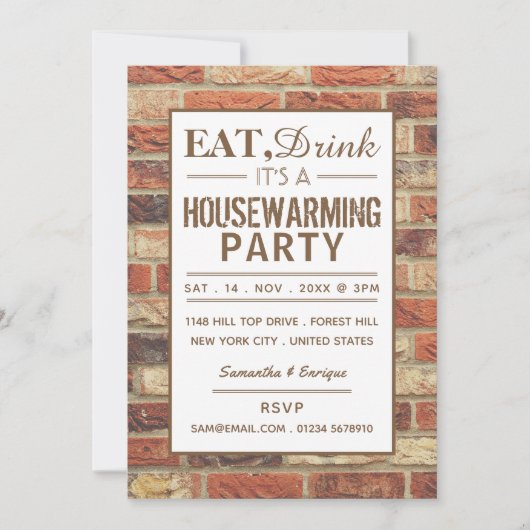 Eat, Drink Housewarming Party Rustic Brick Invite Kaart (Voorkant)