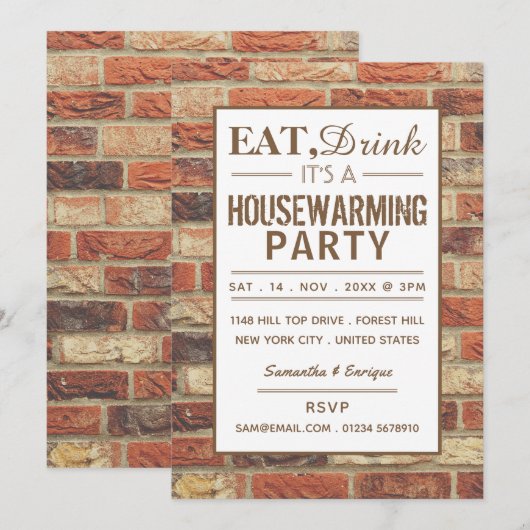 Eat, Drink Housewarming Party Rustic Brick Invite Kaart (Voorkant / Achterkant)
