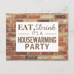 Eat, Drink Housewarming Party Rustic Brick Invite Uitnodiging Briefkaart