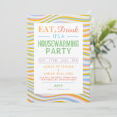 Eat, Drink Housewarming Party Wavy Lines Invite Aankondiging (Staand voorkant)