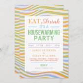 Eat, Drink Housewarming Party Wavy Lines Invite Aankondiging (Voorkant / Achterkant)