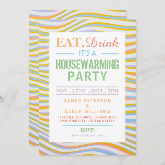 Eat, Drink Housewarming Party Wavy Lines Invite Aankondiging (Voorkant / Achterkant)