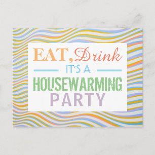 Eat, Drink Housewarming Party Wavy Lines Invite Uitnodiging Briefkaart