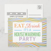 Eat, Drink Housewarming Party Wavy Lines Invite Uitnodiging Briefkaart (Voorkant / Achterkant)