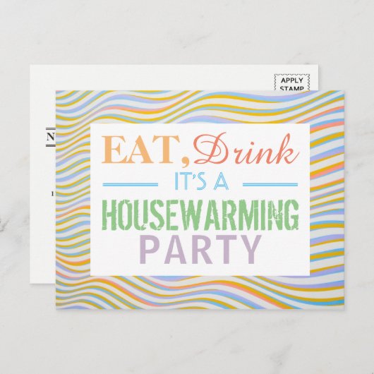 Eat, Drink Housewarming Party Wavy Lines Invite Uitnodiging Briefkaart (Voorkant / Achterkant)