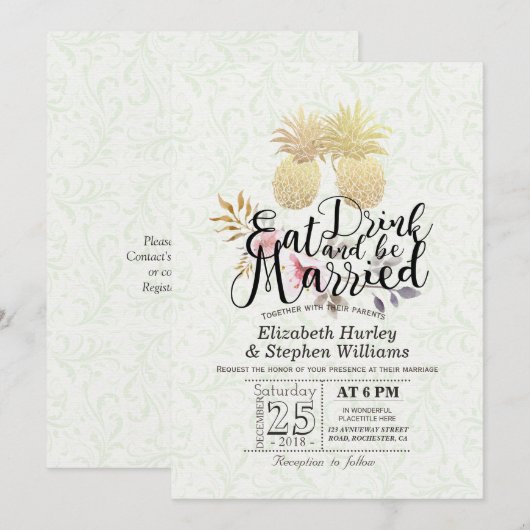 EAT-Drink: huwelijksweddenschap met gouden ananana Kaart (Voorkant / Achterkant)
