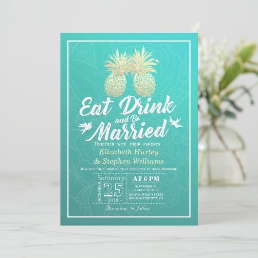 EAT-Drink: huwelijksweddenschap met gouden ananana Kaart (Staand voorkant)