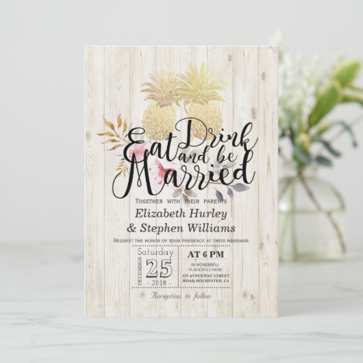 EAT-Drink: huwelijksweddenschap met gouden ananana Kaart (Staand voorkant)