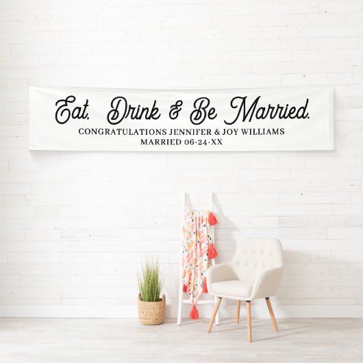 Eat Drink is gehuwd met modern zwart Script Weduws Spandoek (Insitu)